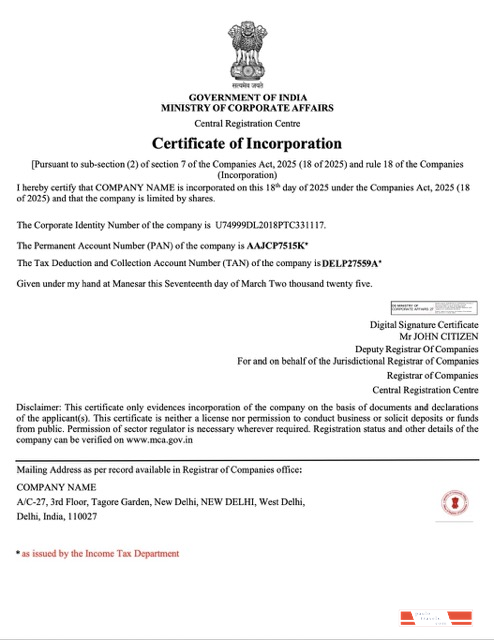 India certificate of incorporation Word and PDF template
